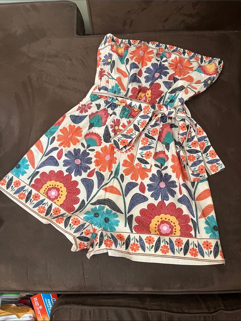 SHEIN Multicolor Floral Strapless Romper with Tie Belt